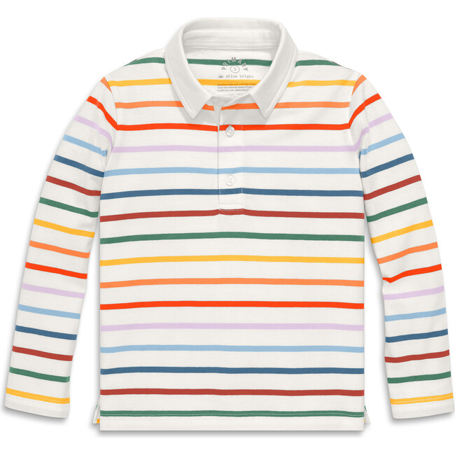 Kids Long Sleeve Polo In Rainbow Stripe, Ivory/ Rainbow Stripe