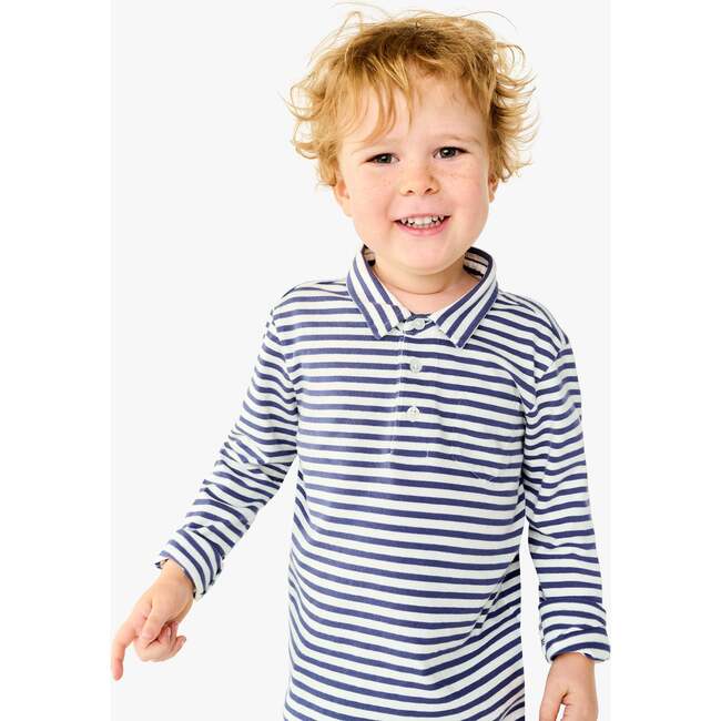 Kids Long Sleeve Polo In Stripe, Sunwashed Navy / Ivory Stripe - Polo Shirts - 2