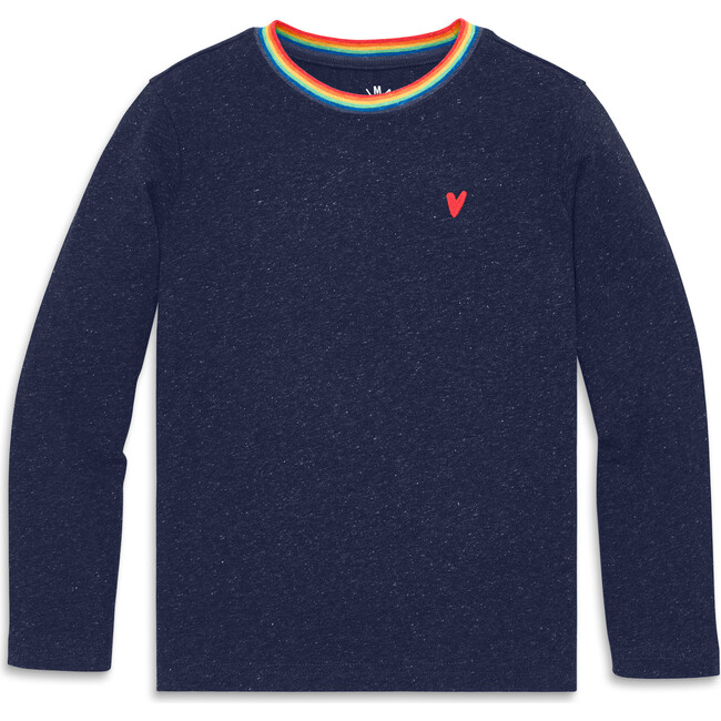 Kids Long Sleeve Heathered Embroidered Heart Tee, Navy