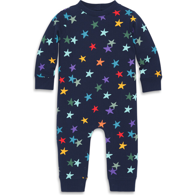 Baby Sweatshirt Romper In Rainbow Confetti Stars, Navy Confetti Stars