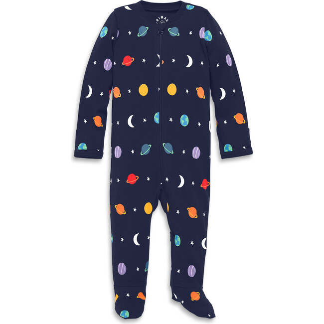 Baby Organic Zip Footie In Rainbow Galaxy, Navy Rainbow Solar System