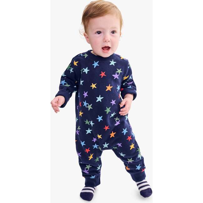 Baby Sweatshirt Romper In Rainbow Confetti Stars, Navy Confetti Stars - Rompers - 2