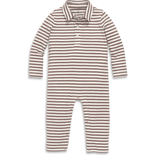 Baby Long Sleeve Polo Romper In Mini Stripe, Ivory Acorn Stripe