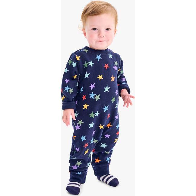 Baby Sweatshirt Romper In Rainbow Confetti Stars, Navy Confetti Stars - Rompers - 3