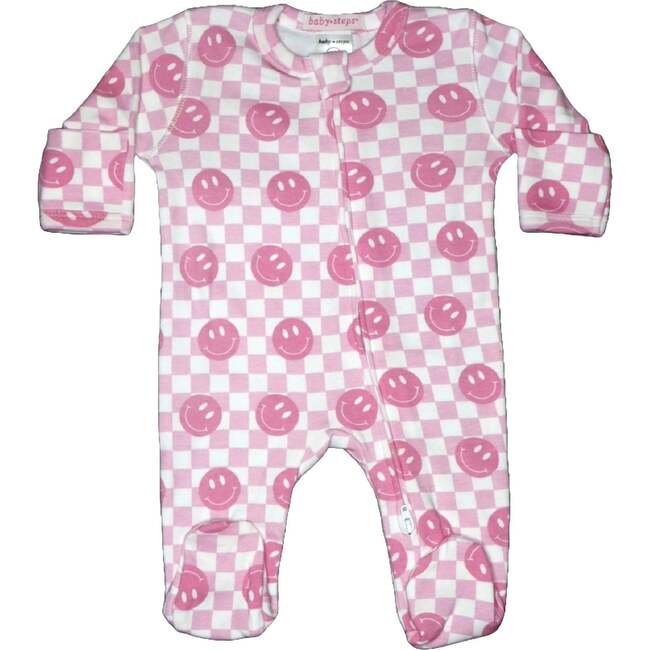 Baby Two-Way Zipper Footie, Checkered Pink Smile
