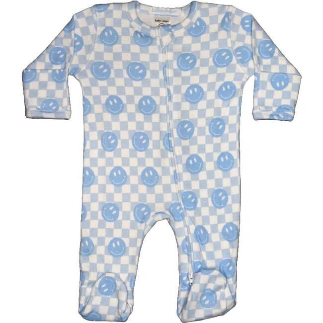 Baby Two-Way Zipper Footie, Blue Checkered Smile