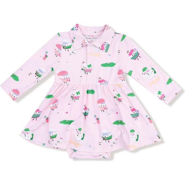 Long Sleeve Polo Bodysuit Dress, Pink Golf