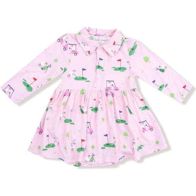 Long Sleeve Polo Bodysuit Dress, Dogs Pink Golf