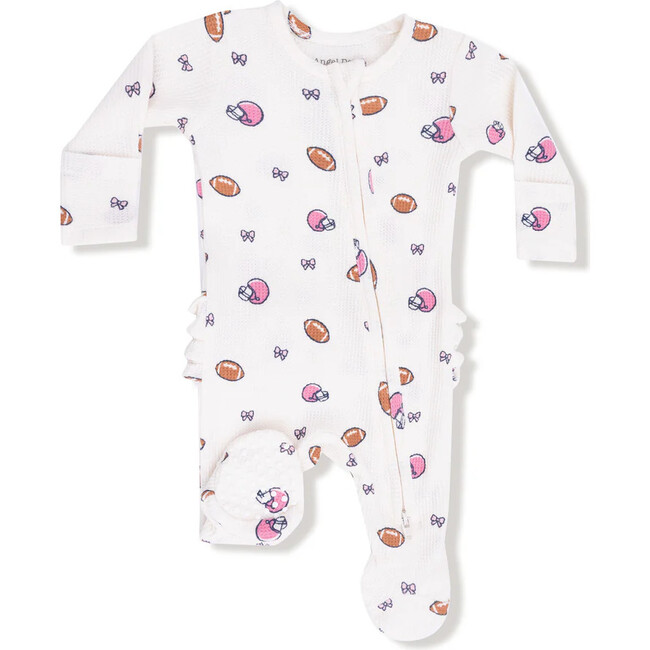 2 Way Zipper Ruffle Back Footie, Cream Football