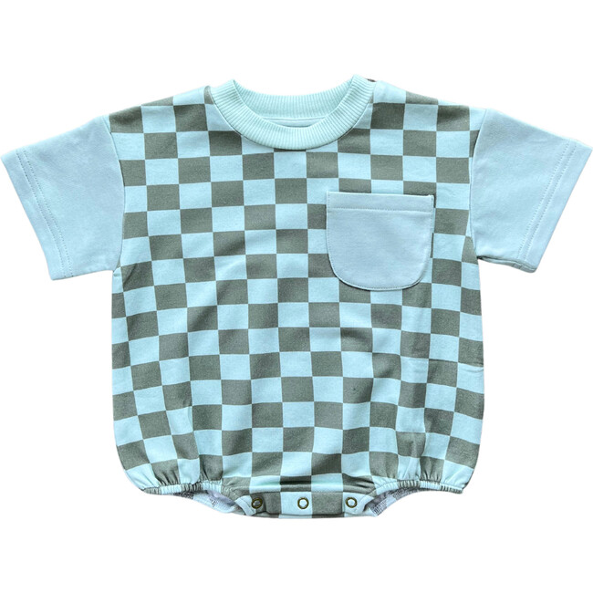 Short Sleeve Colorblock Romper Checker in Seagrass