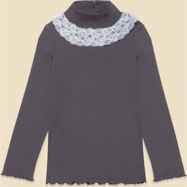 Ribbed Mock Neck with Lace Collar in Midnight Slate