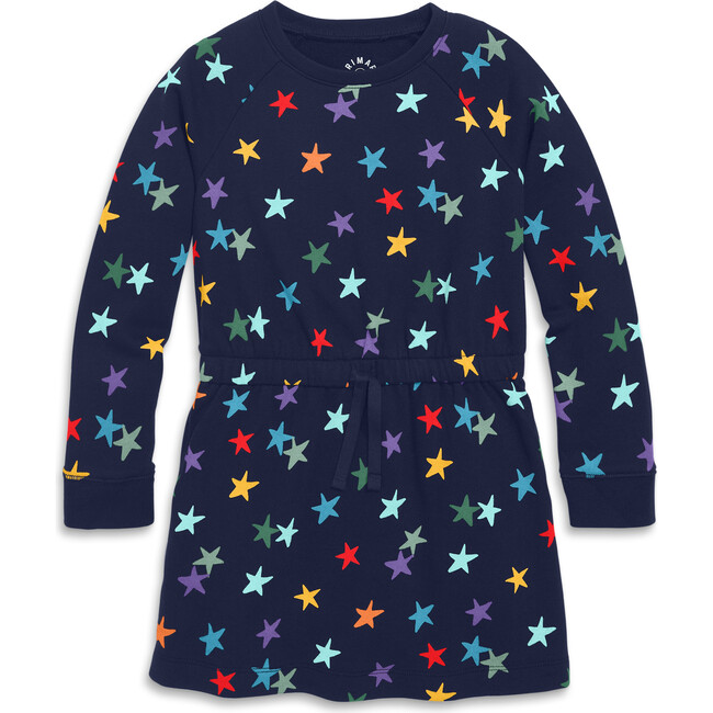Kids Sweatshirt Dress In Rainbow Confetti Stars, Navy/ Confetti Stars