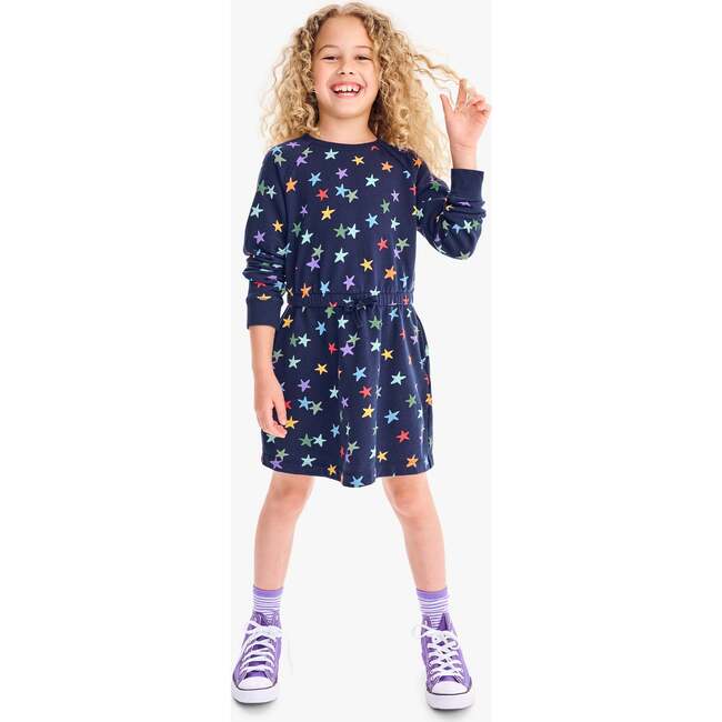 Kids Sweatshirt Dress In Rainbow Confetti Stars, Navy/ Confetti Stars - Dresses - 2