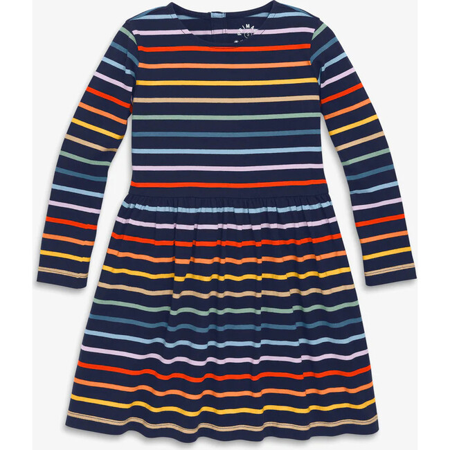 Kids Long Sleeve Perfect Pocket Dress In Rainbow Stripe, Navy New Fall Rainbow Stripe