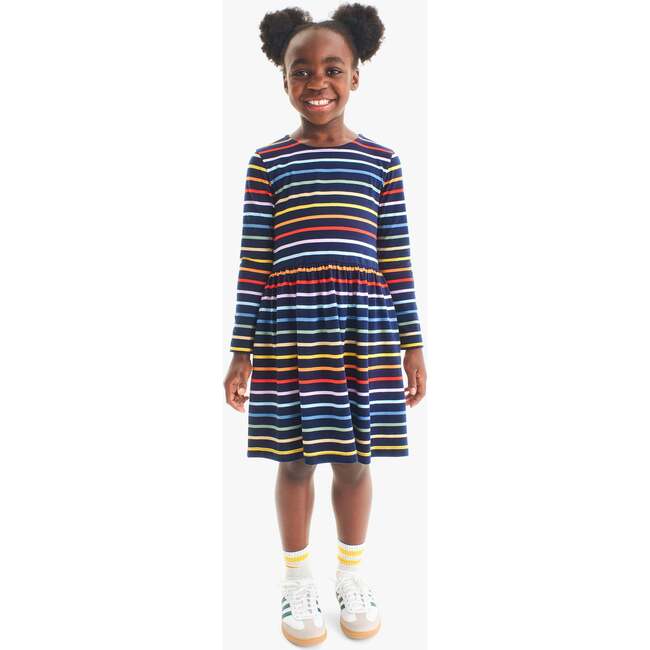 Kids Long Sleeve Perfect Pocket Dress In Rainbow Stripe, Navy New Fall Rainbow Stripe - Dresses - 2