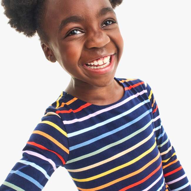 Kids Long Sleeve Perfect Pocket Dress In Rainbow Stripe, Navy New Fall Rainbow Stripe - Dresses - 4