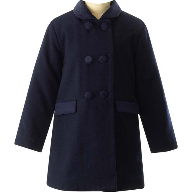 Velvet Trim Dress Coat, Navy