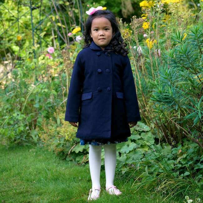 Velvet Trim Dress Coat, Navy - Coats - 3