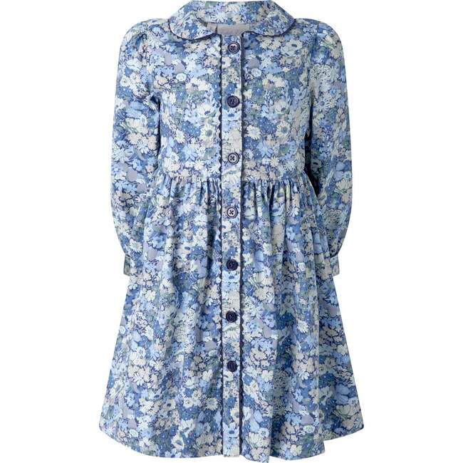 Long Sleeve Floral Button-Front Dress, Blue