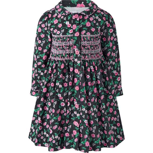Floral Smocked Button Front Dress, Black