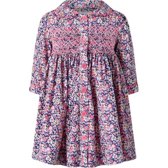 Floral Smocked Button-Front Dress & Bloomers, Navy
