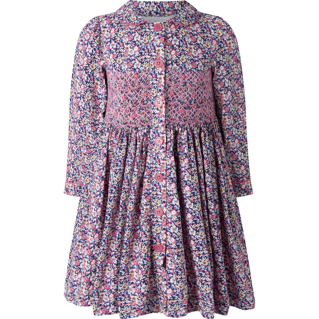 Floral Smocked Button-Front Dress, Navy
