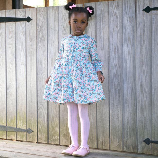 Floral LS Button-Front Dress, Blue - Dresses - 3