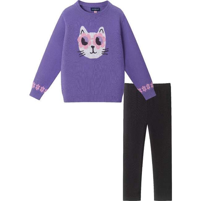 Kids Tunic Length Sweater W/Legging Set, Purple Cat