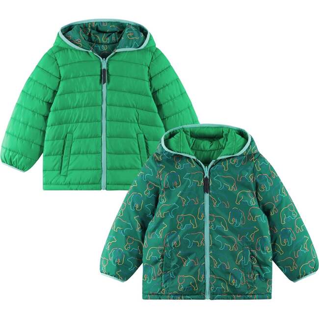Kids Reversible Puffer Jacket, Green Bear