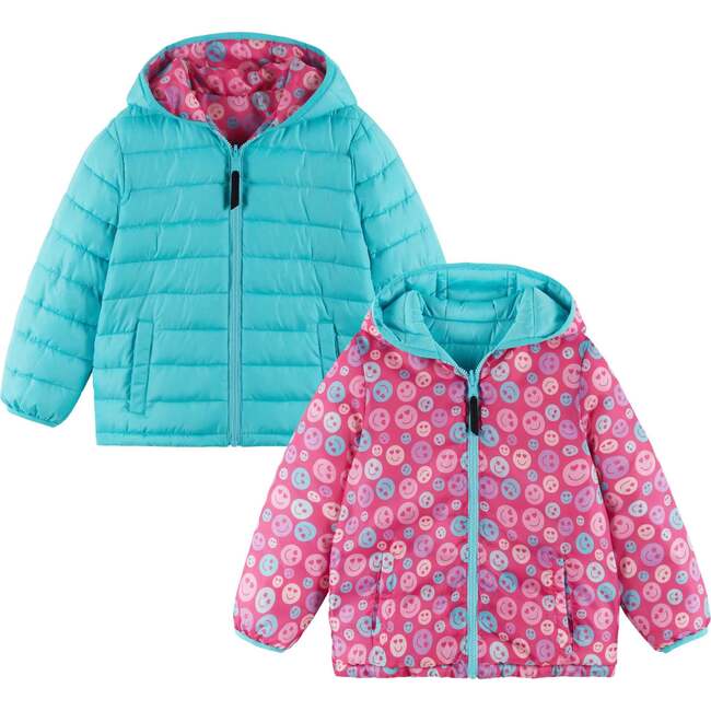 Kids Printed Reversible Puffer Jacket, Pink Smiley