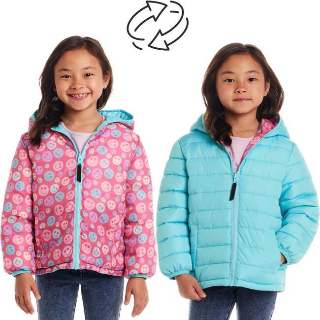 Kids Printed Reversible Puffer Jacket, Pink Smiley - Jackets - 2