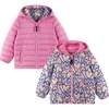 Kids Printed Reversible Puffer Jacket, Pink Hearts - Jackets - 1 - thumbnail