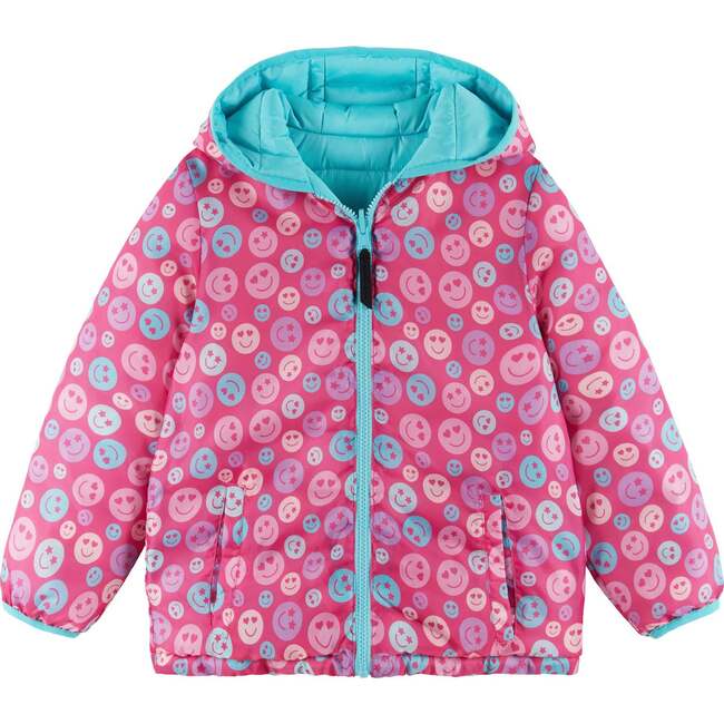 Kids Printed Reversible Puffer Jacket, Pink Smiley - Jackets - 7