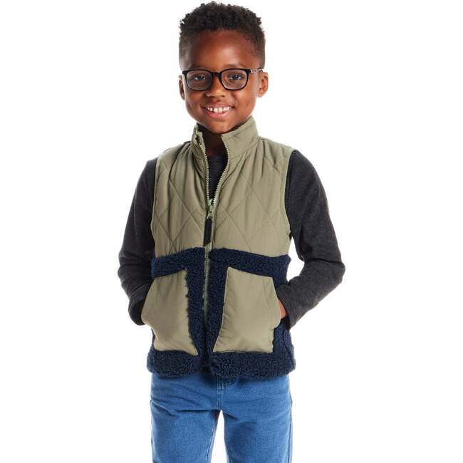 Kids Mixed Media Sherpa Vest, Green - Vests - 2