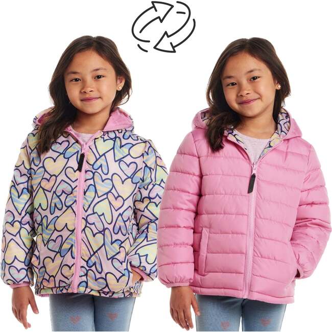 Kids Printed Reversible Puffer Jacket, Pink Hearts - Jackets - 2