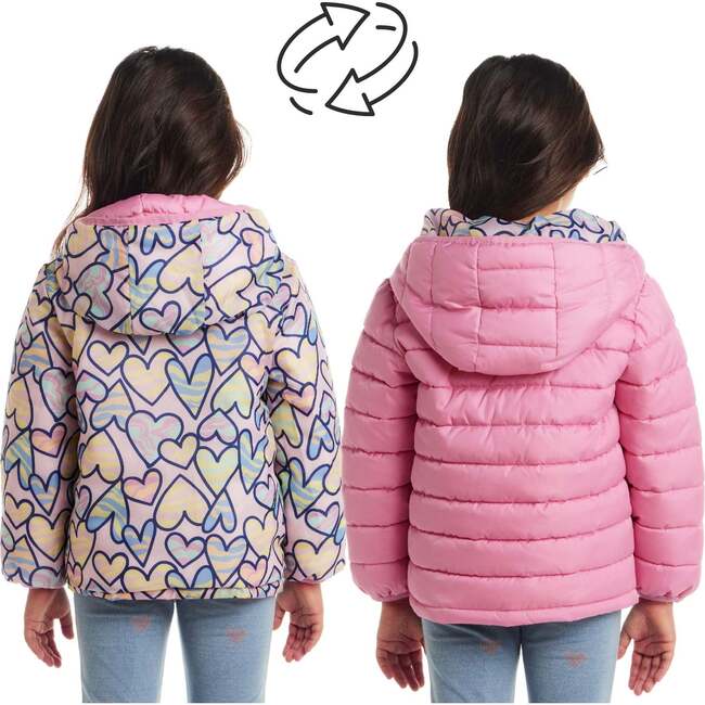 Kids Printed Reversible Puffer Jacket, Pink Hearts - Jackets - 3