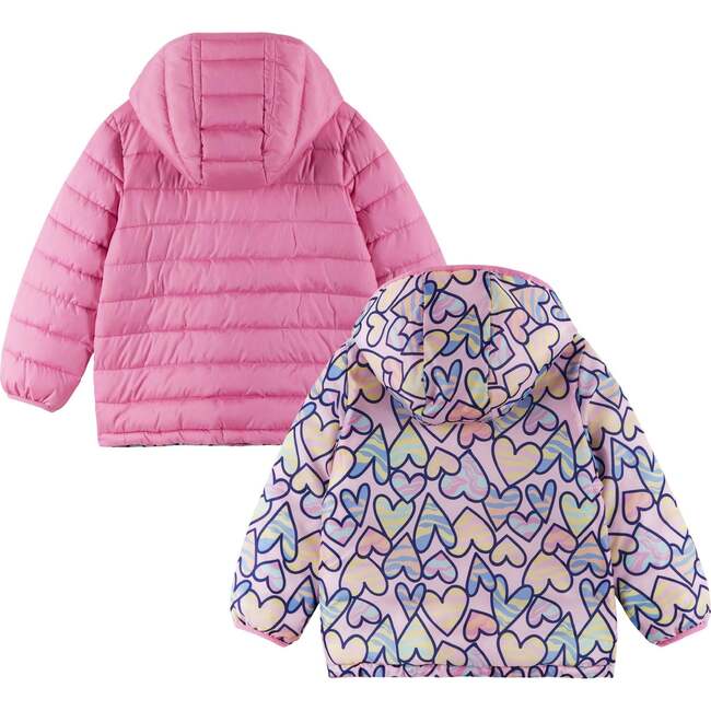 Kids Printed Reversible Puffer Jacket, Pink Hearts - Jackets - 4