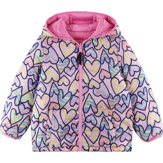 Kids Printed Reversible Puffer Jacket, Pink Hearts - Jackets - 5