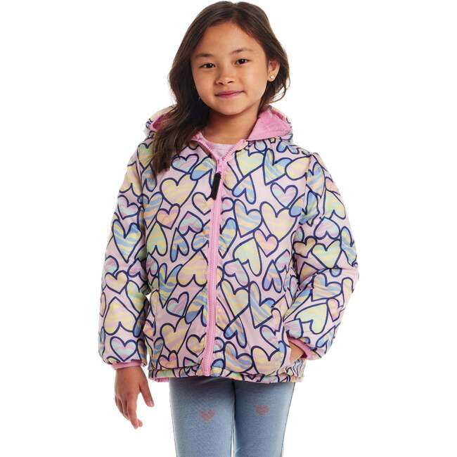 Kids Printed Reversible Puffer Jacket, Pink Hearts - Jackets - 6