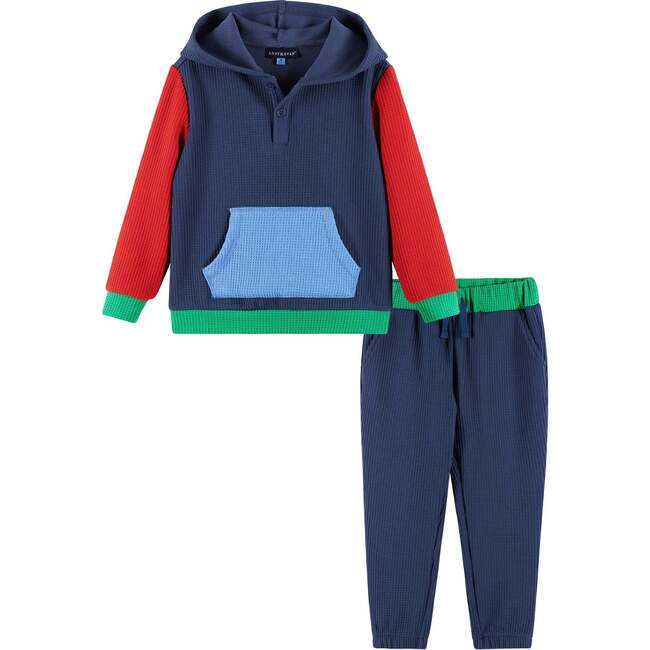 Kids Hooded Lounge Set, Navy Waffle