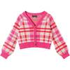 Kids Girls Cardigan, Pink Plaid - Sweaters - 1 - thumbnail