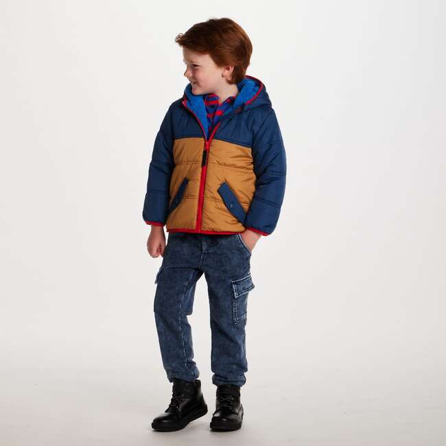 Kids Colorblock Puffer Jacket, Navy & Gold - Jackets - 4