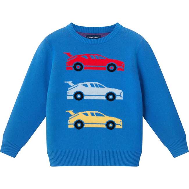 Kids Boys Sweater, Blue Race Car