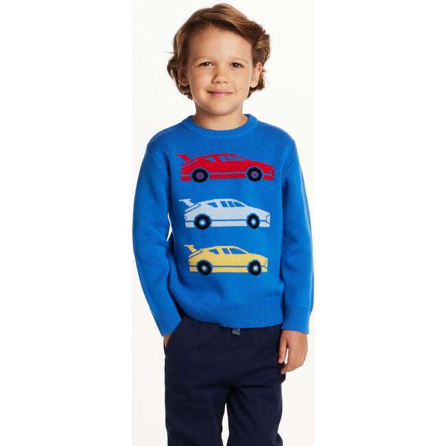 Kids Boys Sweater, Blue Race Car - Sweaters - 2