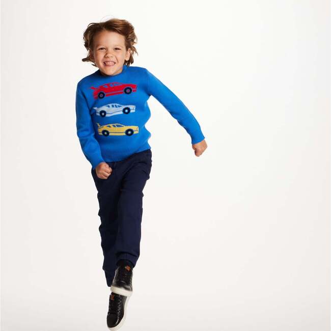 Kids Boys Sweater, Blue Race Car - Sweaters - 4