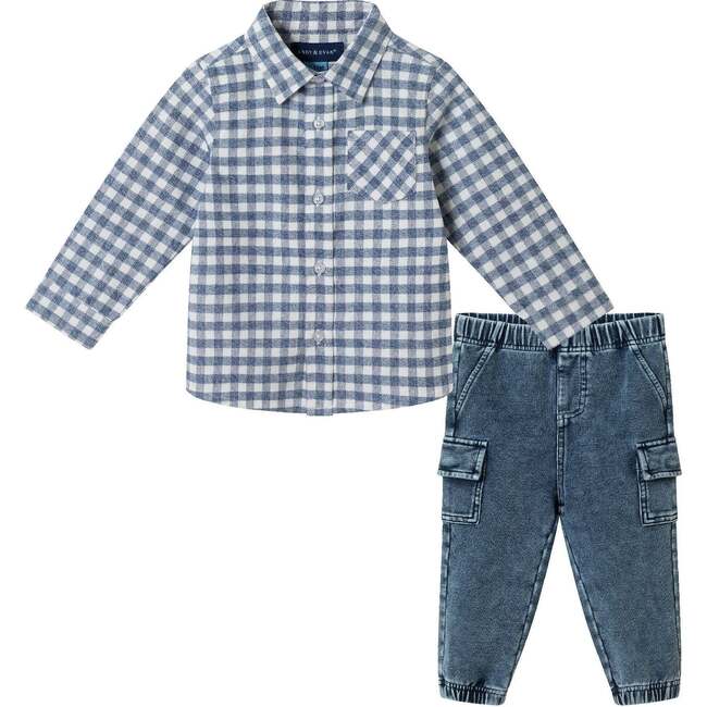 Infant Buttondown Denim Jogger Set, Grey Gingham