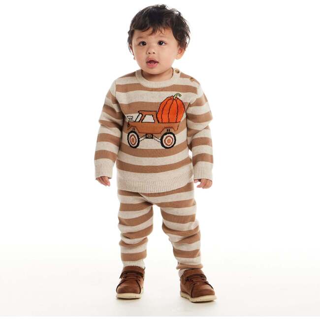 Infant Pumpkin Truck Sweater & Jogger Set, Beige Stripe - Mixed Apparel Set - 4