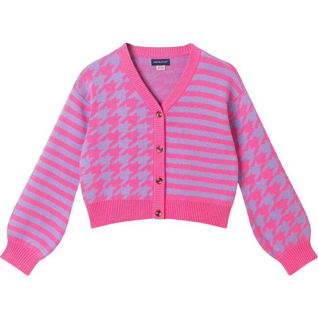 Big Kids Stripe Cardigan, Pink Houndstooth