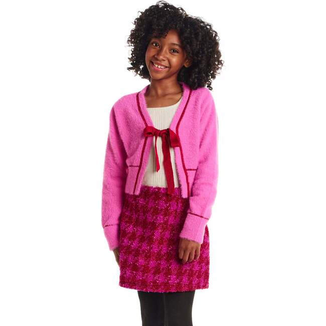 Big Kids Cardigan Sweater W/Bow, Pink Eyelash - Mixed Apparel Set - 2