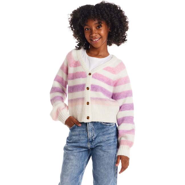 Big Kids Stripe Cardigan, Oatmeal Lavendar - Sweaters - 2